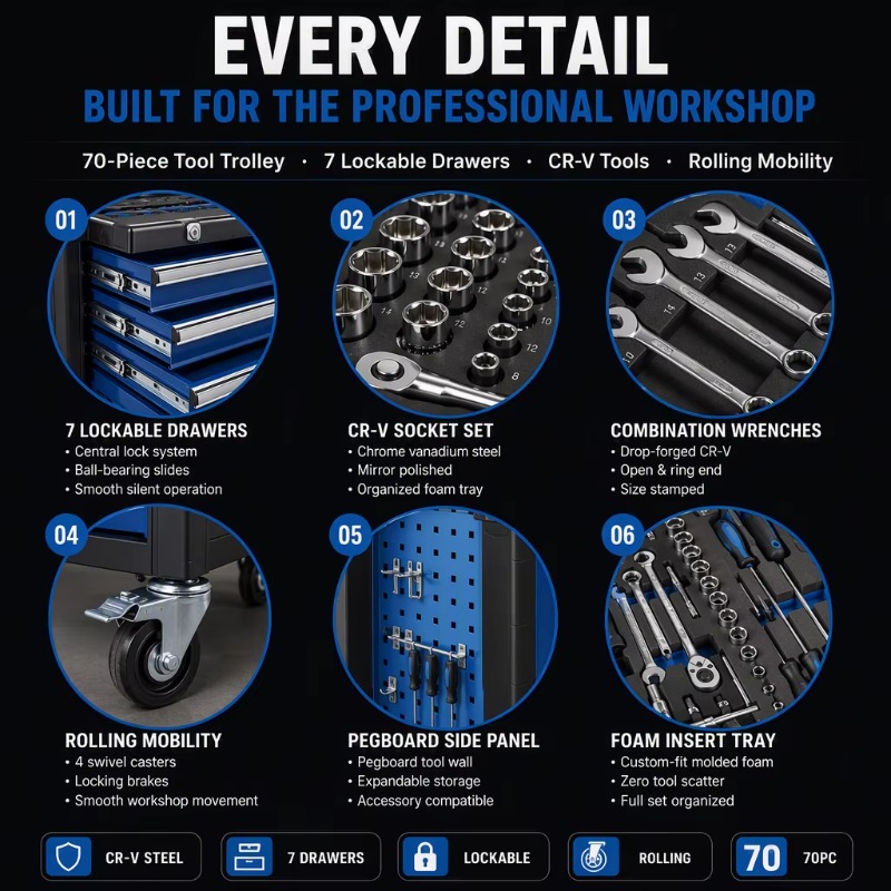 Heavy Tool Trolley 70pc Rollin - Socket Wrench ulasan dan harga